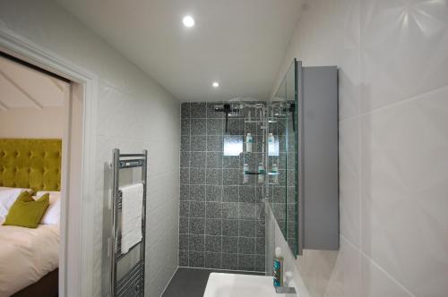 uma casa de banho com um chuveiro, um lavatório e uma cama em The Retreat Field View em Great Maplestead