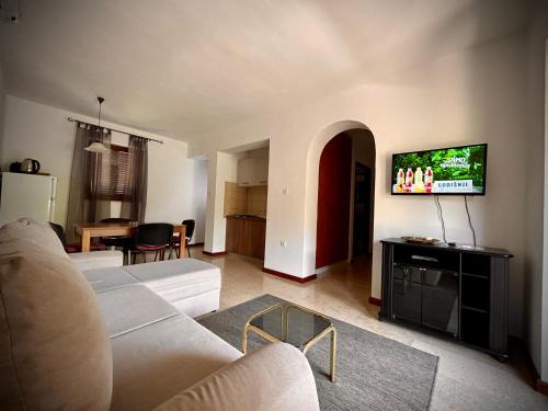 salon z białą kanapą i telewizorem z płaskim ekranem w obiekcie Apartments Mestrovic, Klimno, Soline bay, island Krk w mieście Klimno