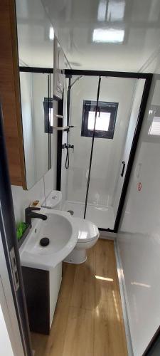 a small bathroom with a sink and a toilet at La Mare Resort in Gothenburg