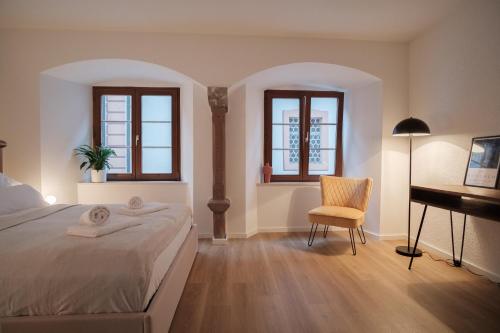 a bedroom with a bed and a desk and windows at Neues Design-Apartment, Altstadt, Business&Ferien, Küche, Netflix in Bad Säckingen