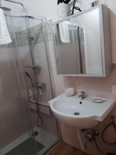 a bathroom with a sink and a shower at Brasil mini casa ,bagno e angolo cottura. in Ladispoli
