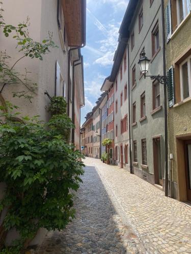 a cobblestone street in an old town with buildings at Neues Design-Apartment, Altstadt, Business&Ferien, Küche, Netflix in Bad Säckingen