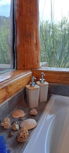 een badkamer met 2 toiletten, een wastafel en een raam bij Neli Maria in Villa Pehuenia