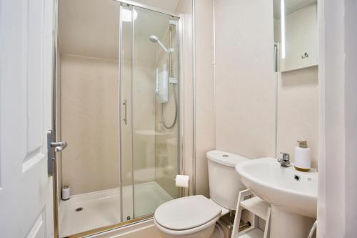 a bathroom with a shower and a toilet and a sink at Quarry Heights in Bowness-on-Windermere