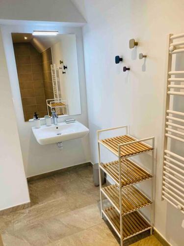 une salle de bain avec un lavabo et un miroir dans l'établissement Le music hall proche centre histo avec parking, à Sarlat-la-Canéda