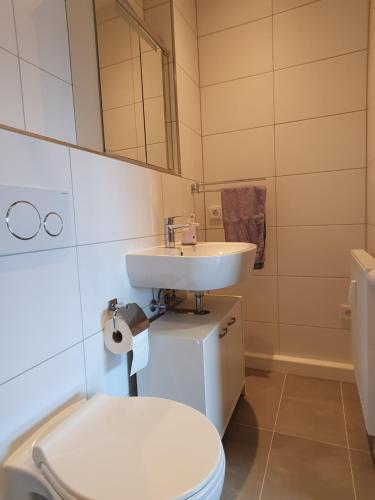 a bathroom with a white toilet and a sink at Wohnung mit Ausblick in Tauberbischofsheim in Tauberbischofsheim