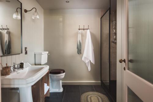 a bathroom with a sink and a toilet and a shower at Exe Valley Retreat in Exeter