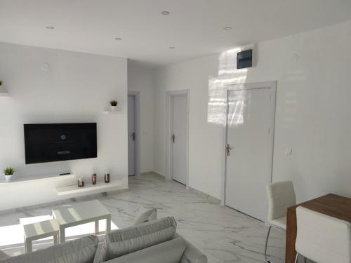 een woonkamer met een bank en een tv aan de muur bij Alex Apartments Skiathos in Skiathos-stad