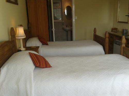 two beds in a hotel room with a room at Groeslon Ty Mawr B & B in Llanddeiniolen