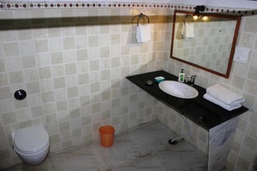 bagno con lavandino, servizi igienici e specchio di Royal Farm Bharatpur a Bharatpur