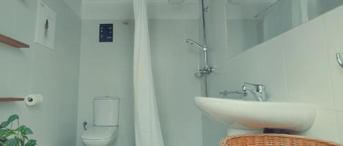La salle de bains est pourvue d'un lavabo et de toilettes. dans l'établissement ANCONES LEJANOS GuestHouse, à Costa Teguise