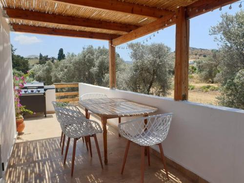 une terrasse couverte avec une table et des chaises. dans l'établissement Lemonia Apartment with yard, à Pitsidia