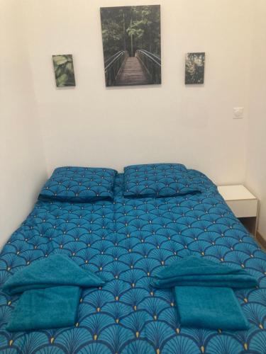 a bedroom with a blue bed with blue pillows at Le mini cosy in Gaillon