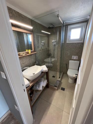 a bathroom with a sink and a shower and a toilet at Mageiras Boutique Hotel in Afitos