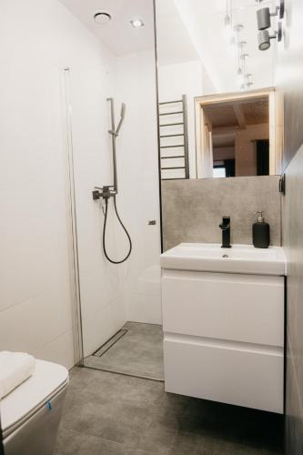 a white bathroom with a sink and a mirror at Apartamenty Górajski Spa in Kościelisko