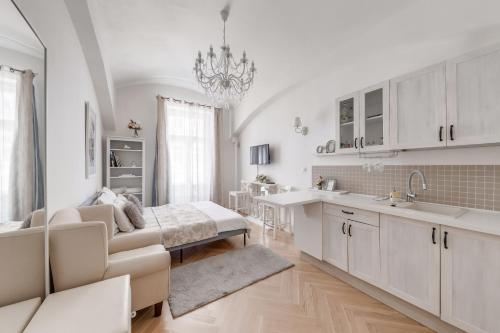 uma cozinha e sala de estar com uma cama e um lavatório em Apartments With The Lions em Praga