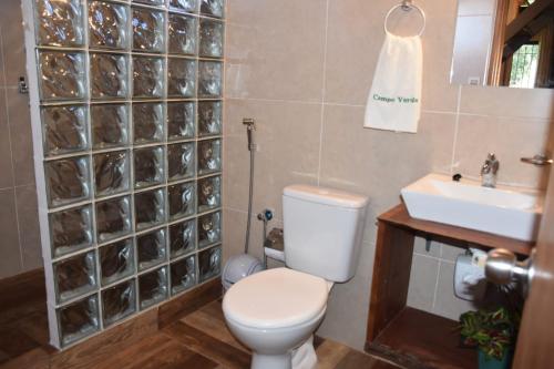 a bathroom with a toilet and a sink at Campo Verde Bungalows in Capitán Miranda