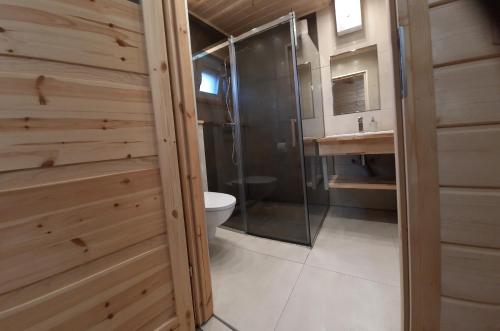 a bathroom with a shower and a toilet and a sink at Morskie Sarbinowo in Sarbinowo