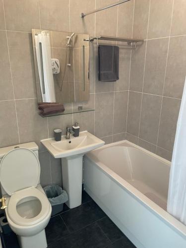 La salle de bains est pourvue de toilettes, d'un lavabo et d'une baignoire. dans l'établissement Shannon Oasis, à Carrick-on-Shannon