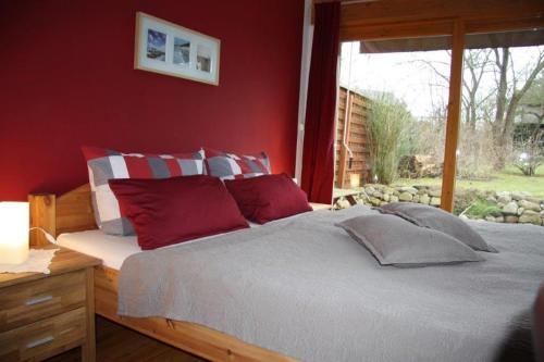 Schlafzimmer mit einem Bett mit roten Wänden und einem Fenster in der Unterkunft Ferienhaus am Kuhmoor in Wismar