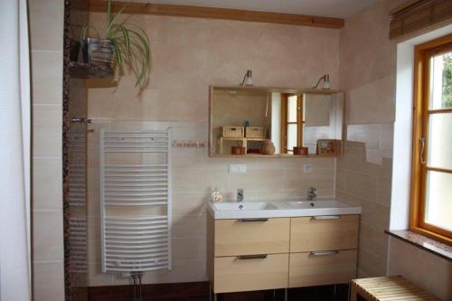 ein Bad mit einem Waschbecken und einem Spiegel in der Unterkunft Ferienhaus am Kuhmoor in Wismar