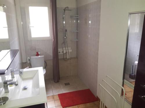 une salle de bain avec une douche, un lavabo et des toilettes dans l'établissement Villa Piscine-SPA vue grandiose., à Faugères