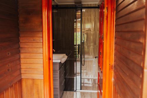 a bathroom with a sink and a shower at Cabana Bombonel in Gura Teghii