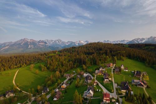 an aerial view of a small village in a green field at Goralove Pole in Brzegi