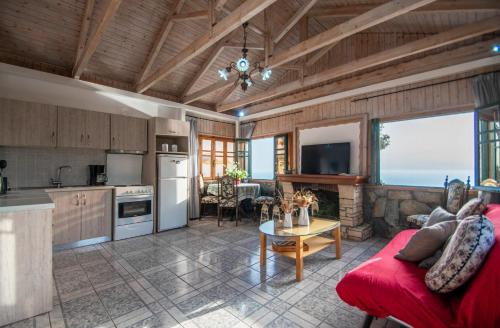 a kitchen and living room with a red couch at Villa Pefki in Agalás