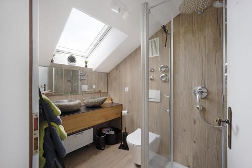 a bathroom with a shower and a toilet and a sink at Loft mit Seeblick und Innenpool 