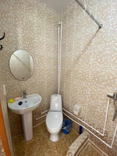 een badkamer met een wastafel, een toilet en een spiegel bij Мини-студия напротив парка Металлургов in Öskemen