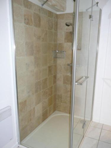 a shower with a glass door in a bathroom at Gîte MOULIN DU CROS 4 , 6 personnes in Faleyras