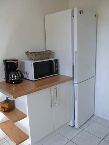 a kitchen with a microwave and a refrigerator at Gîte MOULIN DU CROS 4 , 6 personnes in Faleyras