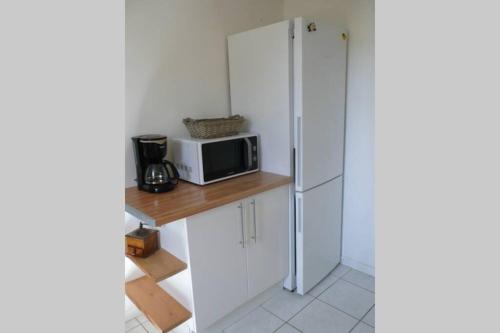 a kitchen with a white refrigerator and a microwave at Gîte MOULIN DU CROS 4 , 6 personnes in Faleyras