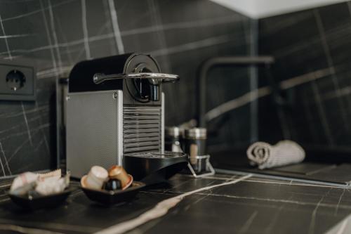 eine Küchentheke mit einem Mixer auf einer Spüle in der Unterkunft LLR Design Apartment - Sienna Beige im Zentrum von Koblenz in Koblenz