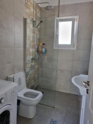 a bathroom with a shower and a toilet and a sink at Dream Vacation Apartment in Acharavi