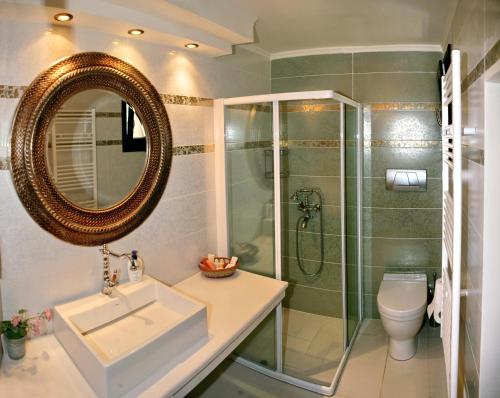 佩特拉的住宿－帕特雷斯1821豪宅旅館，一间带水槽、淋浴和镜子的浴室