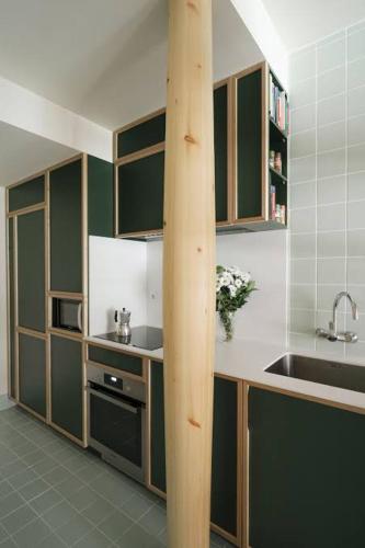 uma cozinha com armários verdes e um lavatório em Joy Transient House em Panabo