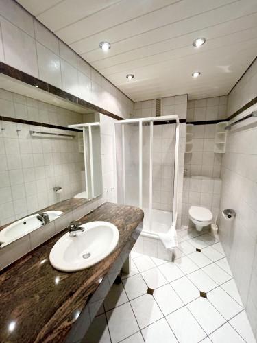 a bathroom with a sink and a shower and a toilet at Germania-58 in Böhl