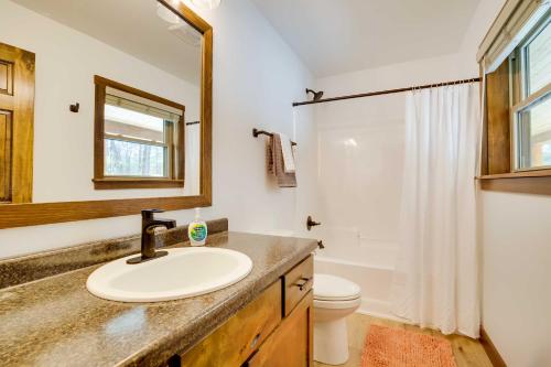 een badkamer met een wastafel, een toilet en een spiegel bij Hatfield Vacation Rental with Private Hot Tub! in Merrillan