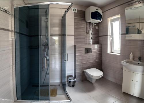 a bathroom with a shower and a toilet and a sink at Domki u Henia 330A in Wysowa-Zdrój