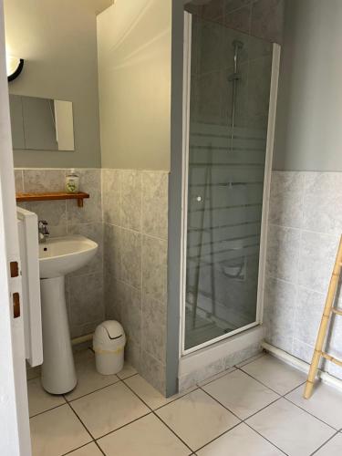een badkamer met een douche en een wastafel bij Café du lac in Manthes