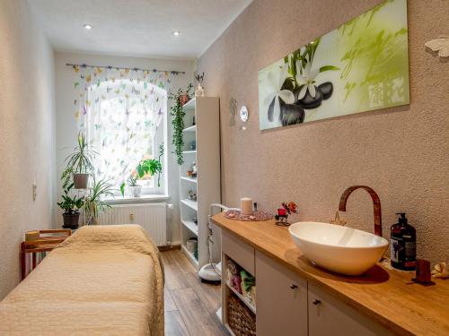 a bathroom with a counter with a sink in it at gemütliche Ferienwohnungen im Erzgebrige in Sehma