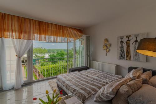 a bedroom with a bed and a large window at Apartmani "A View to the Danube" in Vukovar