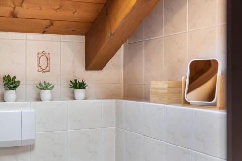 a bathroom with potted plants on a shelf at Alpblick Apartment Zugspitze in Garmisch-Partenkirchen