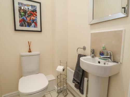 ニューポートにある9 Bluebell Laneの白いトイレと洗面台のあるバスルーム