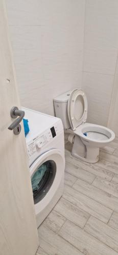 a bathroom with a washing machine and a toilet at Apartament Militari Residence in Roşu