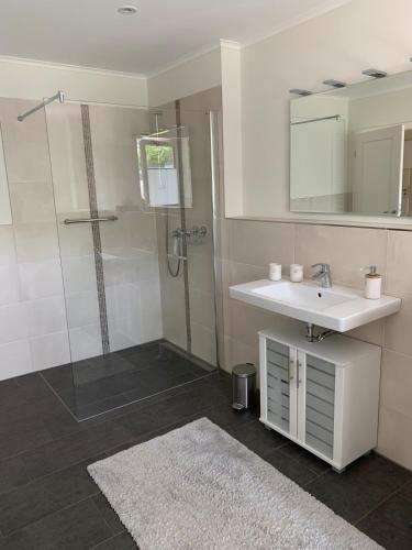 a bathroom with a sink and a shower at Landhaus frische Brise 