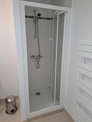 une douche avec une porte vitrée dans une salle de bain dans l'établissement maison familiale, à La Turballe