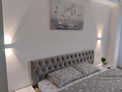 a bedroom with a bed with a gray headboard at Bibi apartments in Ohrid